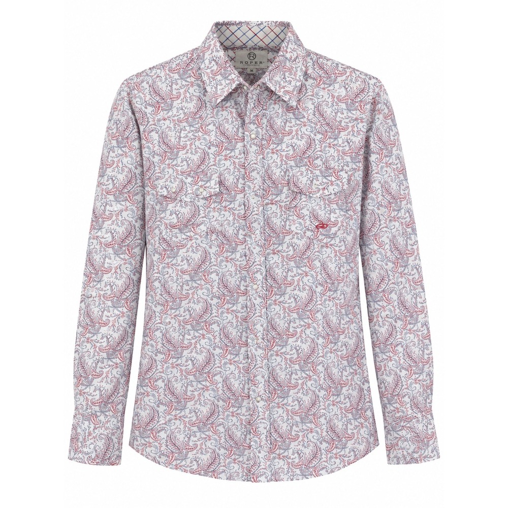 Roper Womens Paisley Western Pearl Snap Shirt White Red Blue Long Sleeve Cowgirl